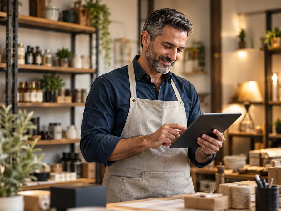 Un commerciante nella sua bottega consulta un tablet