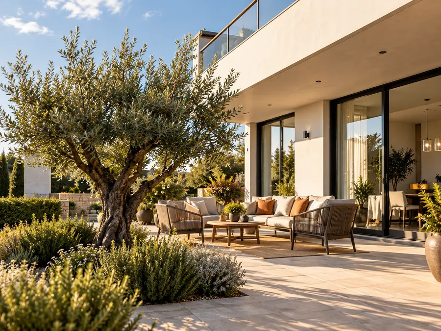Una casa luminosa con un ulivo nel giardino